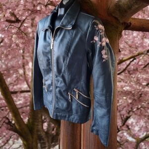 Marie Claire Boutiques Faux Leather Cherry Blossom Embroidered Jacket Size M